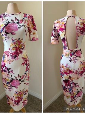 Floral Bodycon Midi Dress Open Back Fitted Pink Spring Wedding Guest Dress S